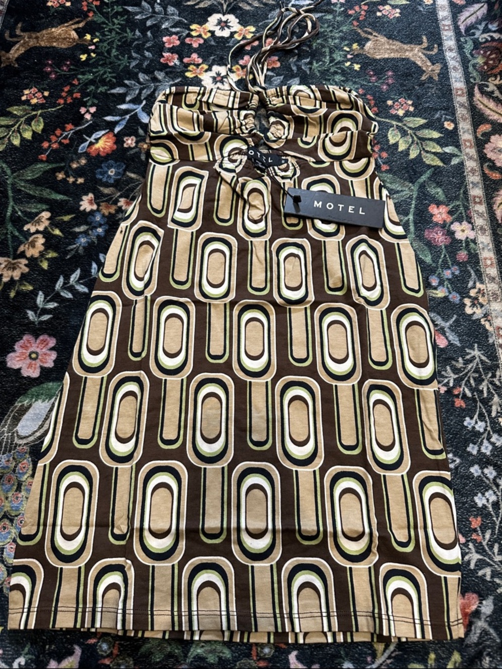 NWT Motel Retro Geometric Halter Dress in Brown & Cream